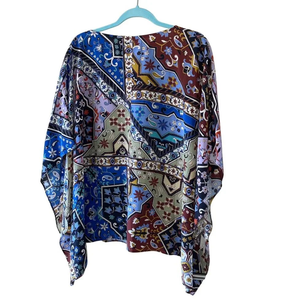 Johnny Was Womens Size L Multicolor Boho Round Kimono Sleeve Silk Caftan Blouse - Picture 4 of 11